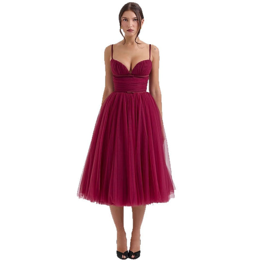 Damen Tüllkleid mit eleganter A-Linien Silhouette und verstellbaren Spaghettiträgern R&B
