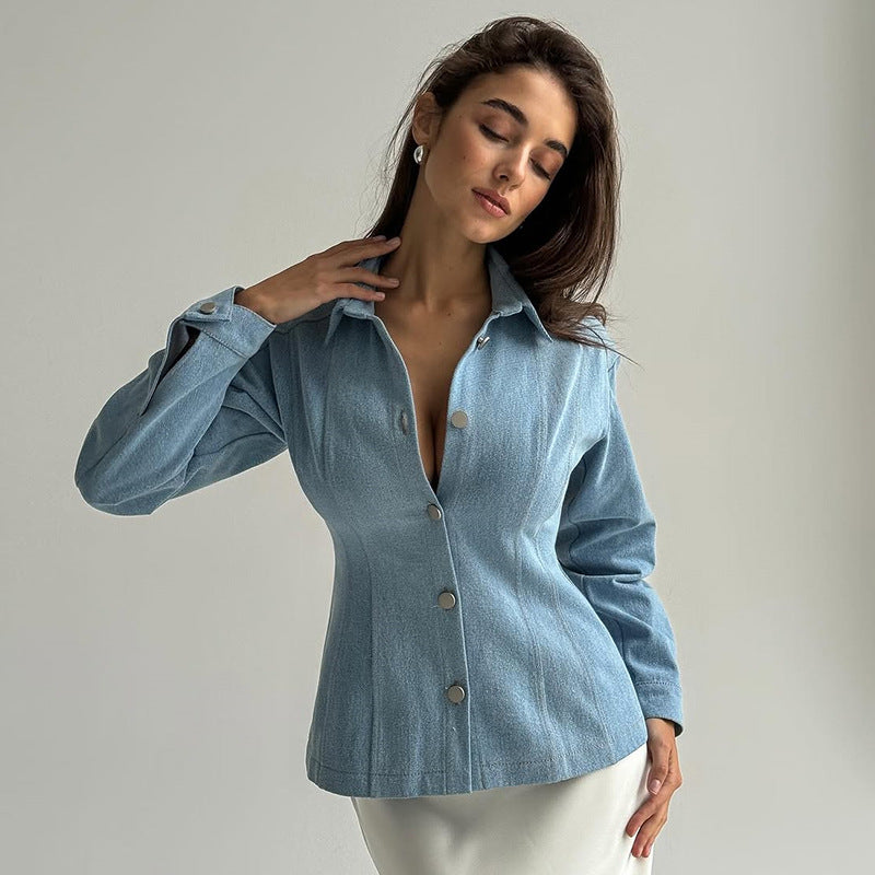 Damen taillierte Jeansbluse mit Knopfdetails R&B