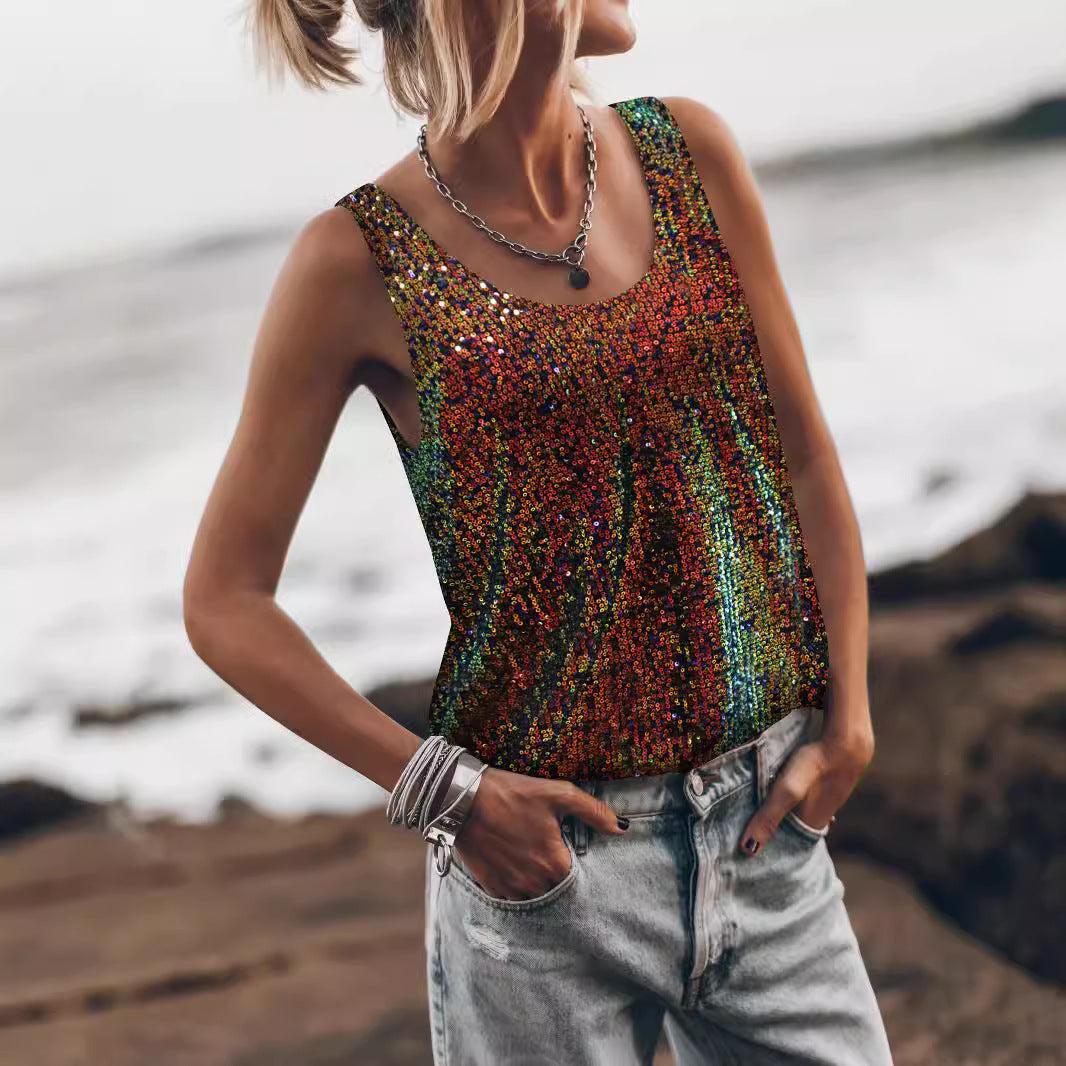 Damen Glitzerndes Top mit tiefem Rundhalsausschnitt und leichter A-Linie R&B