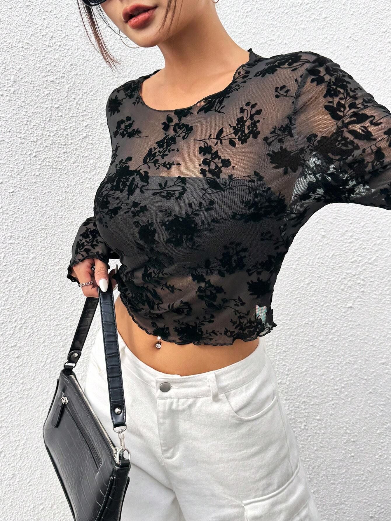 Damen nan bauchfreies Netz-Oberteil mit floraler Samtstruktur und gerafftem Saum R&B