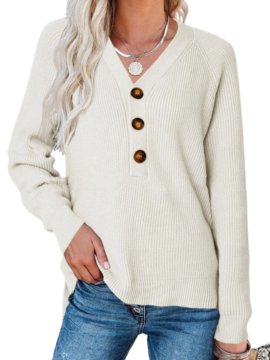 Damen Strickpullover mit Knopfdetails und tiefem V-Ausschnitt R&B