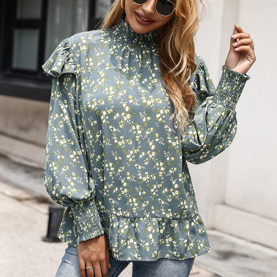 Damen elegante Bluse mit Rüschendetail und hohem Kragen R&B