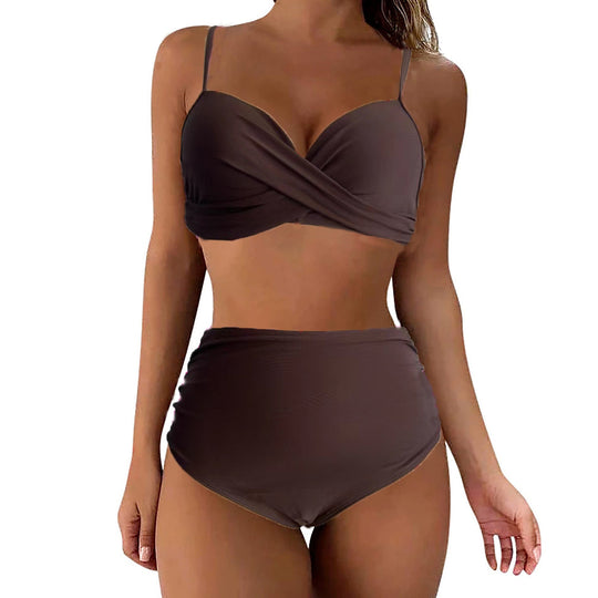 Damen Hochtailliertes Bikini-Set mit floralem Oberteil und gerafftem Höschen R&B