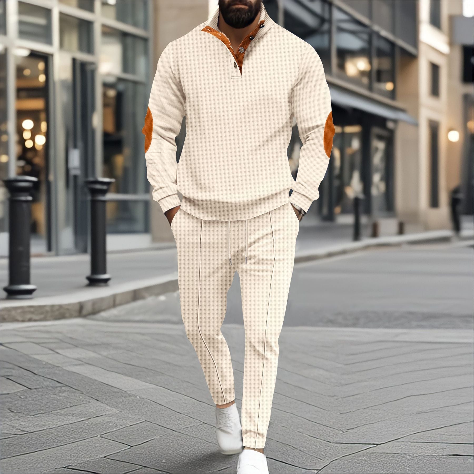 Herren nan feinstrukturiertes Halbkragen-Sweatshirt mit Knopfleiste, dekorativen Ellbogenpatches und legerem Saumabschluss R&B