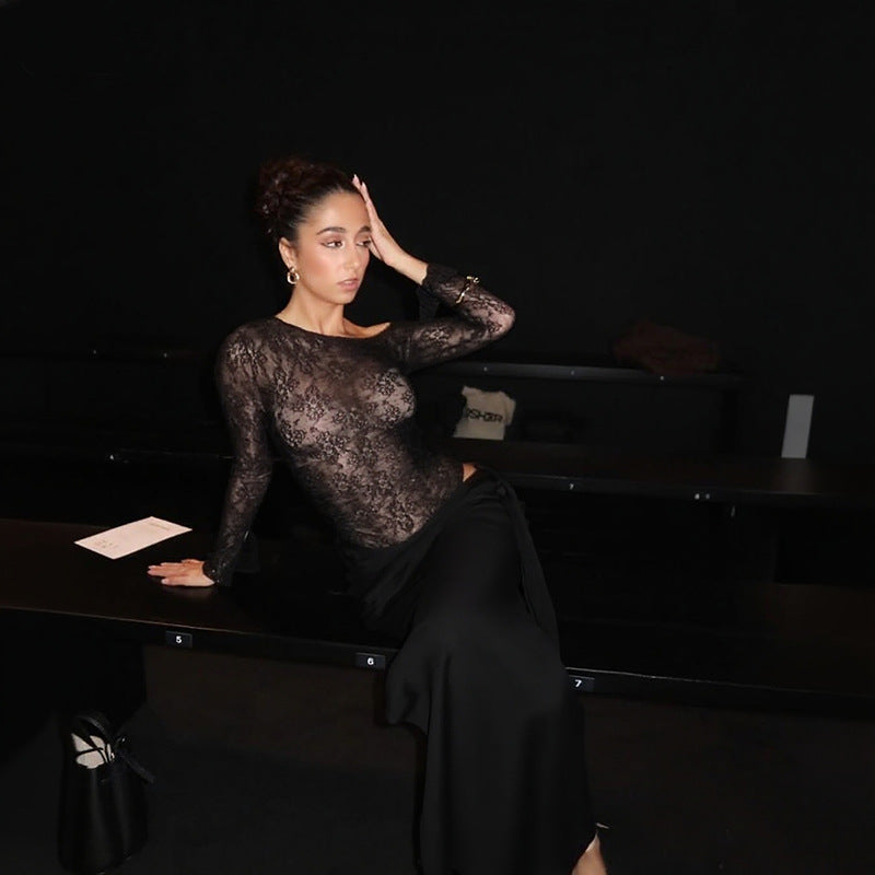 Damen eleganter Spitzen-Bodysuit mit schickem langen Rock R&B