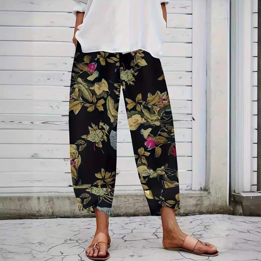 Damen lässige weite Stoffhose mit floralem Muster und elastischem Bund R&B