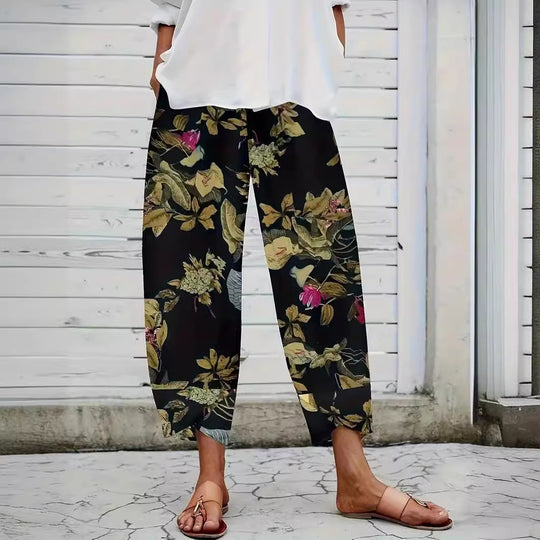 Damen lässige weite Stoffhose mit floralem Muster und elastischem Bund R&B