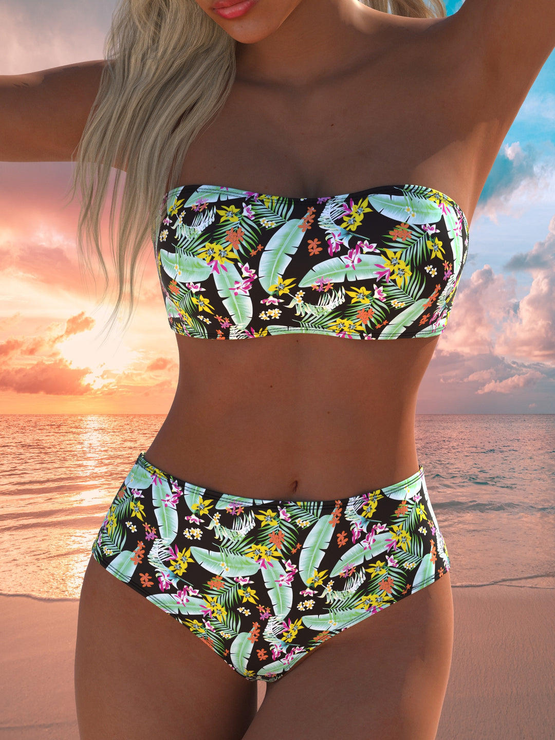 Damen Bandeau-Bikini mit hochgeschnittenen Pants und buntem Bedruck R&B
