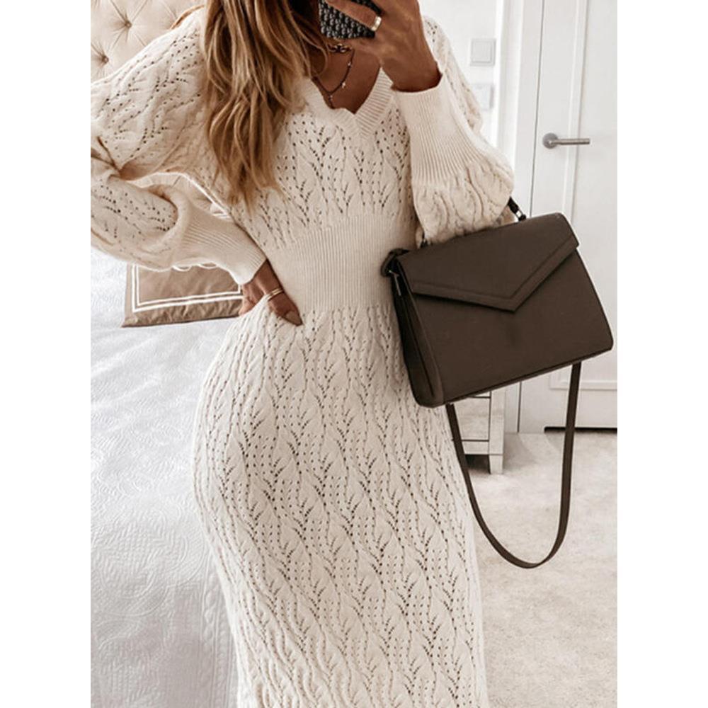 Damen Strickkleid mit halbtransparentem Muster und schickem V-Ausschnitt R&B