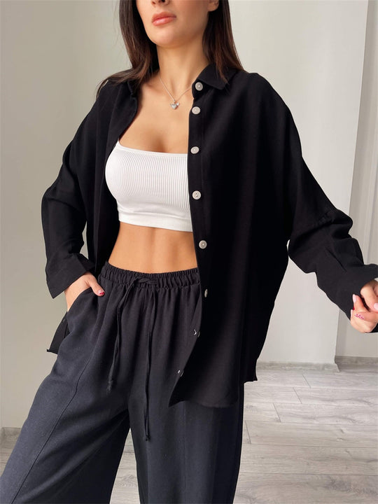 Damen lässiges Freizeit-Set mit übergroßem Hemd und weiten Hosen R&B