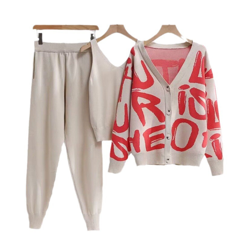Damen gemütliches Strick-Loungewear-Set mit Dekorativem Schriftzug R&B