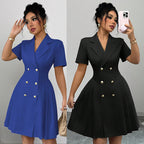Damen elegantes A-Linien Kleid mit doppelter Knopfleiste und plissiertem Rock R&B
