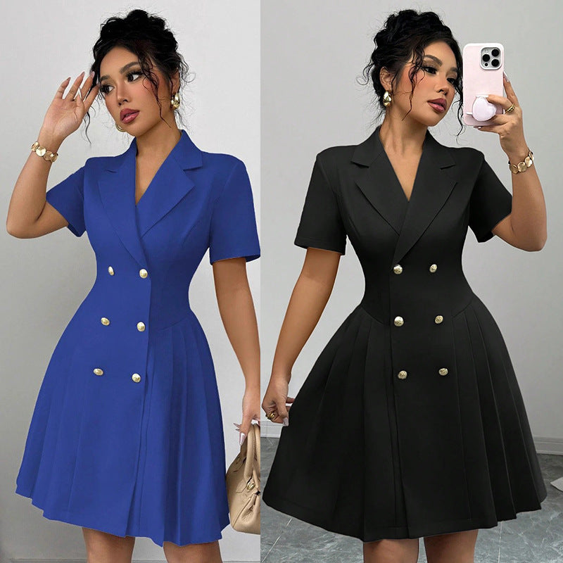 Damen elegantes A-Linien Kleid mit doppelter Knopfleiste und plissiertem Rock R&B