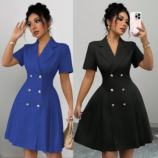Damen elegantes A-Linien Kleid mit doppelter Knopfleiste und plissiertem Rock R&B