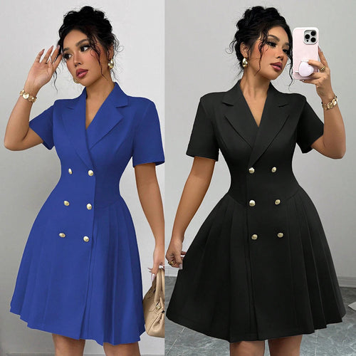 Damen elegantes A-Linien Kleid mit doppelter Knopfleiste und plissiertem Rock R&B