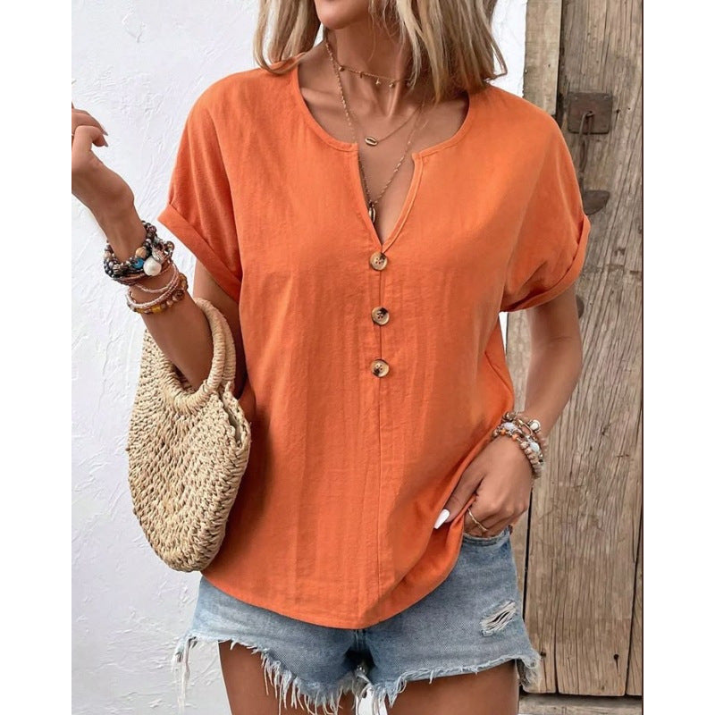 Damen lässige Bluse mit Knopfleiste und rundem Ausschnitt R&B