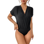 Damen Body mit eleganter Wickeloptik und kurzen Ärmeln R&B