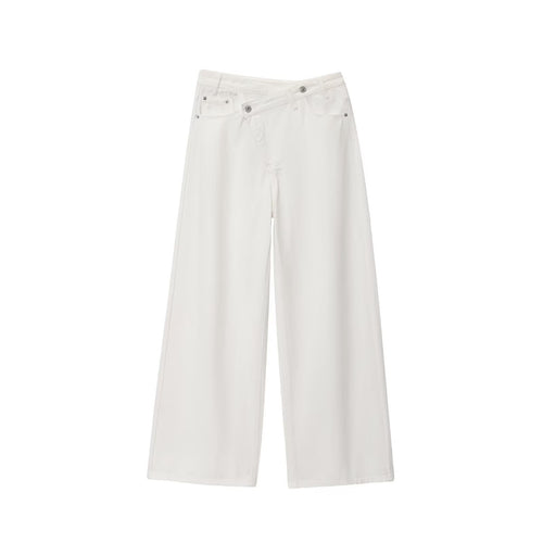 Damen weit geschnittene Jeans mit asymmetrischem Knopfverschluss und hohen Taillen R&B