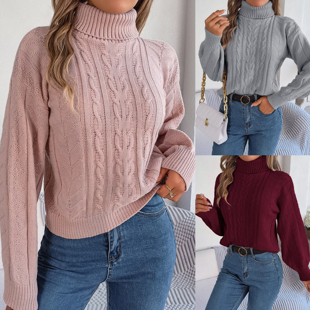 Damen Gemütlicher Strickpullover mit Stehkragen und Zopfmuster R&B