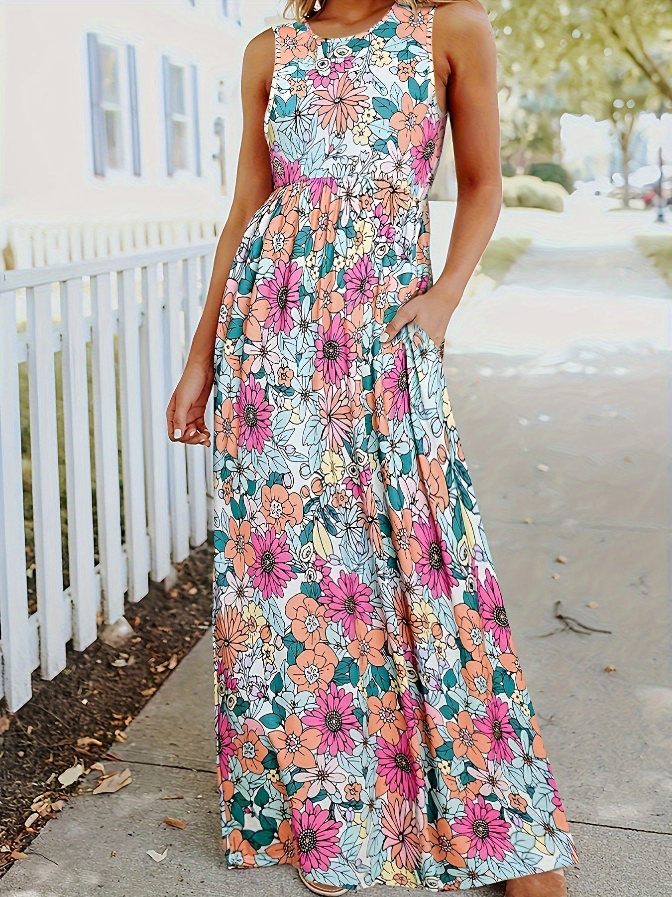 Damen Maxikleid mit floralem Muster und praktischen Taschen R&B