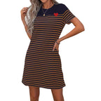 Damen Kurzarm-Kleid mit buntem Streifenmuster und Herzen-Detail R&B
