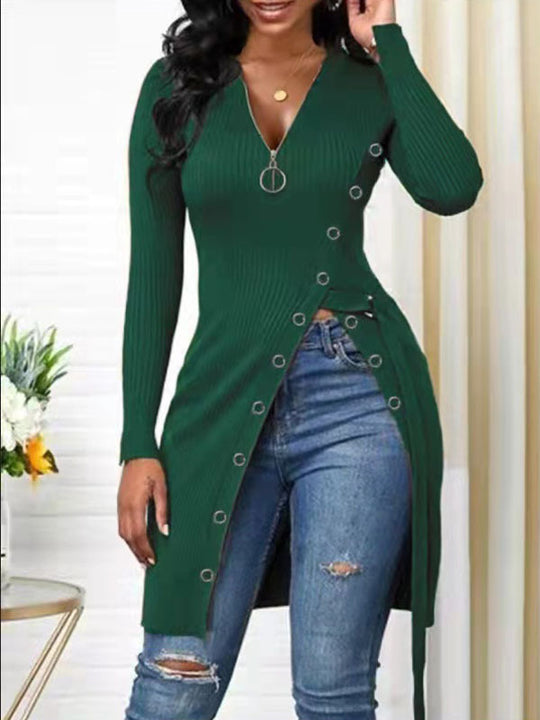 Damen figurbetontes Wickelshirt mit Knopfdetails und tiefem V-Ausschnitt R&B