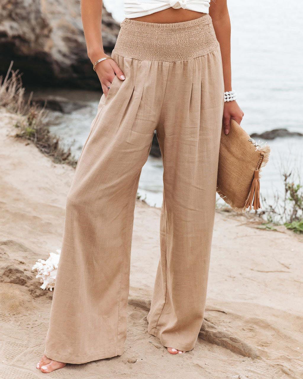Damen weite Leinenhose mit elastischem Taillenbund und seitlichen Falten R&B