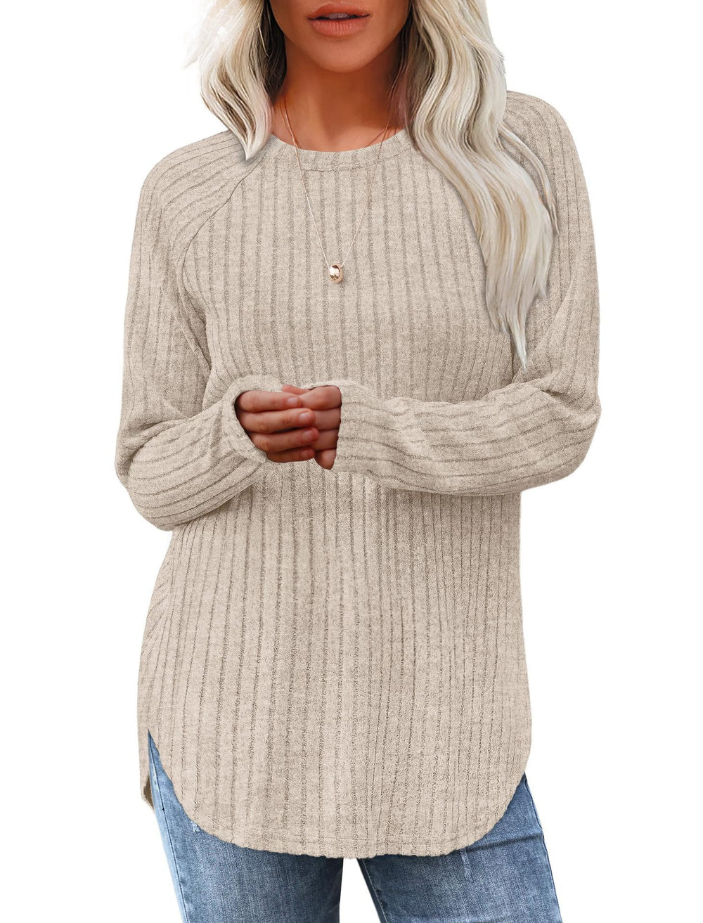 Damen lässiger Langarm Pullover mit strukturiertem Rippdesign R&B