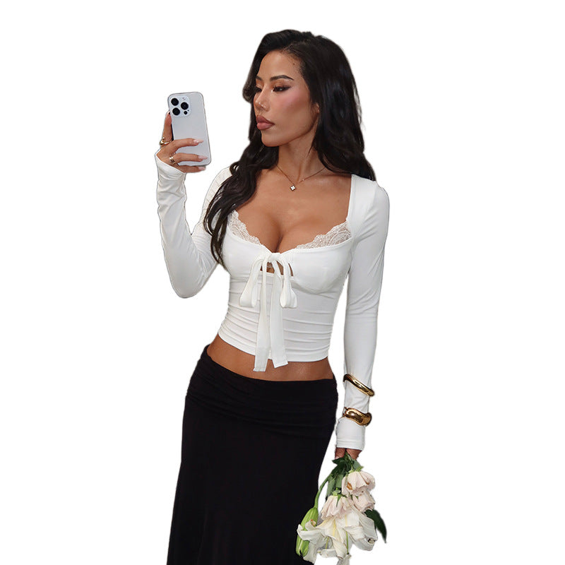 Damen Elegantes Langarm-Top mit femininem Schleifen-Detail und Spitzenbesatz R&B