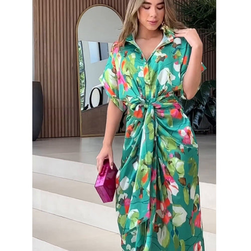 Damen luftiger Kaftan mit floralem Design und dekorativem Knoten R&B