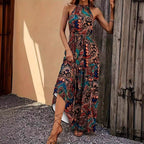 Damen Maxikleid Im Boho-Stil mit Hohem Kragen und Bindegürtel R&B