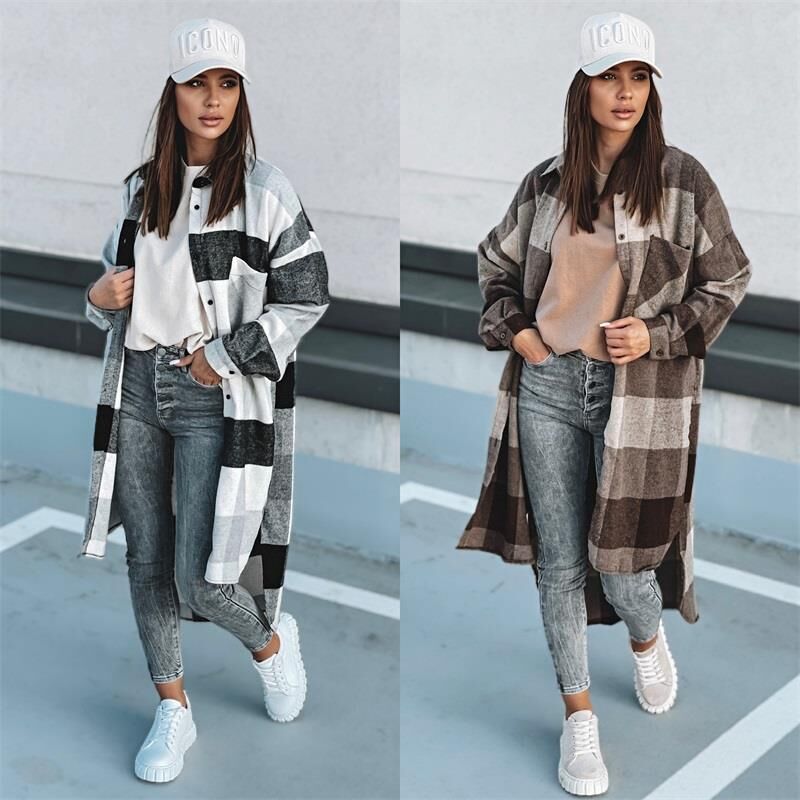 Damen Langer Karo-Wintermantel mit knöpfbarem Design und lockerer Passform R&B