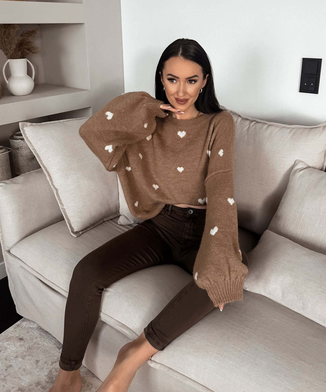Damen lässiger Strickpullover mit herzförmigen Mustern und angeschnittenen Ärmeln R&B