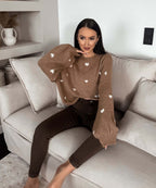 Damen lässiger Strickpullover mit herzförmigen Mustern und angeschnittenen Ärmeln R&B