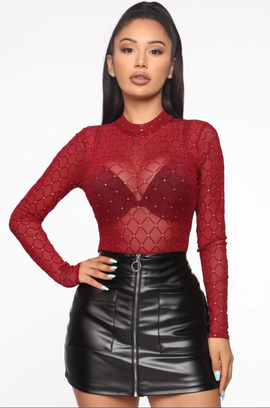 Damen Langärmeliger Bodysuit mit funkelndem Netzdesign R&B