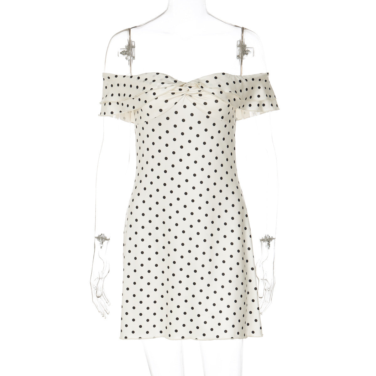 Damen Verspieltes Polka-Dot Cocktailkleid mit Schulterfreiem Design und Rüschendetails R&B