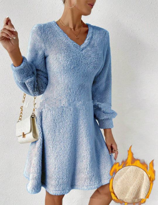 Damen fließendes V-Ausschnitt Kleid mit langen Ärmeln und weichem Fleece R&B