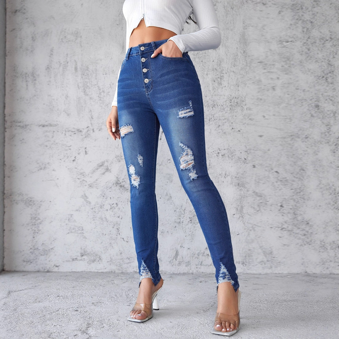 Damen High-Waist Skinny Jeans mit modischen Rissen und Knopfdetails R&B