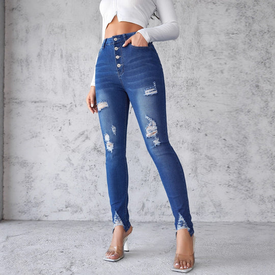 Damen High-Waist Skinny Jeans mit modischen Rissen und Knopfdetails R&B