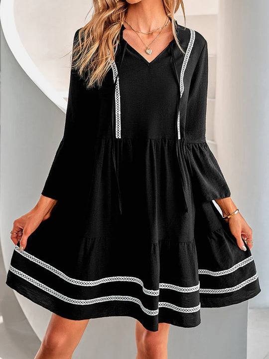 Damen lässiges Freizeitkleid mit V-Ausschnitt und dekorativem Spitzenbesatz R&B