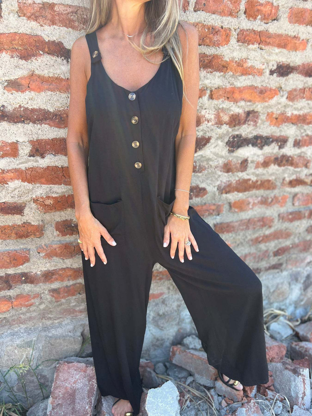 Damen Lässiger Jumpsuit mit Knopfdetails und Seitentaschen R&B