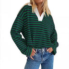 Damen Lässiges gestreiftes Sweatshirt mit V-Ausschnitt und langen Ärmeln R&B