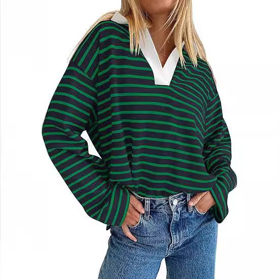 Damen Lässiges gestreiftes Sweatshirt mit V-Ausschnitt und langen Ärmeln R&B