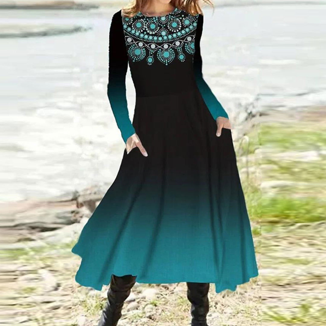 Damen nan fließendes Maxikleid mit Batikkreis-Muster, Rundhalsausschnitt, Taillennaht und Eingrifftaschen R&B