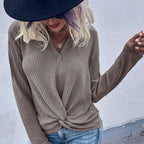 Damen lässiger V-Ausschnitt Pullover mit Knopfdetails und Knotendesign R&B
