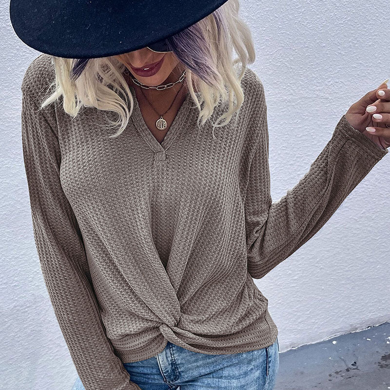 Damen lässiger V-Ausschnitt Pullover mit Knopfdetails und Knotendesign R&B