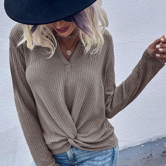 Damen lässiger V-Ausschnitt Pullover mit Knopfdetails und Knotendesign R&B