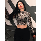 Damen Crop-Top mit Fluff-Ärmeln und Leopardenmuster R&B