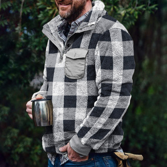 Herren Fleece-Pullover mit Karomuster und Hohem Kragen R&B
