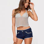 Damen luftiges Polka-Dots Oberteil mit tiefem V-Ausschnitt und Trägern R&B
